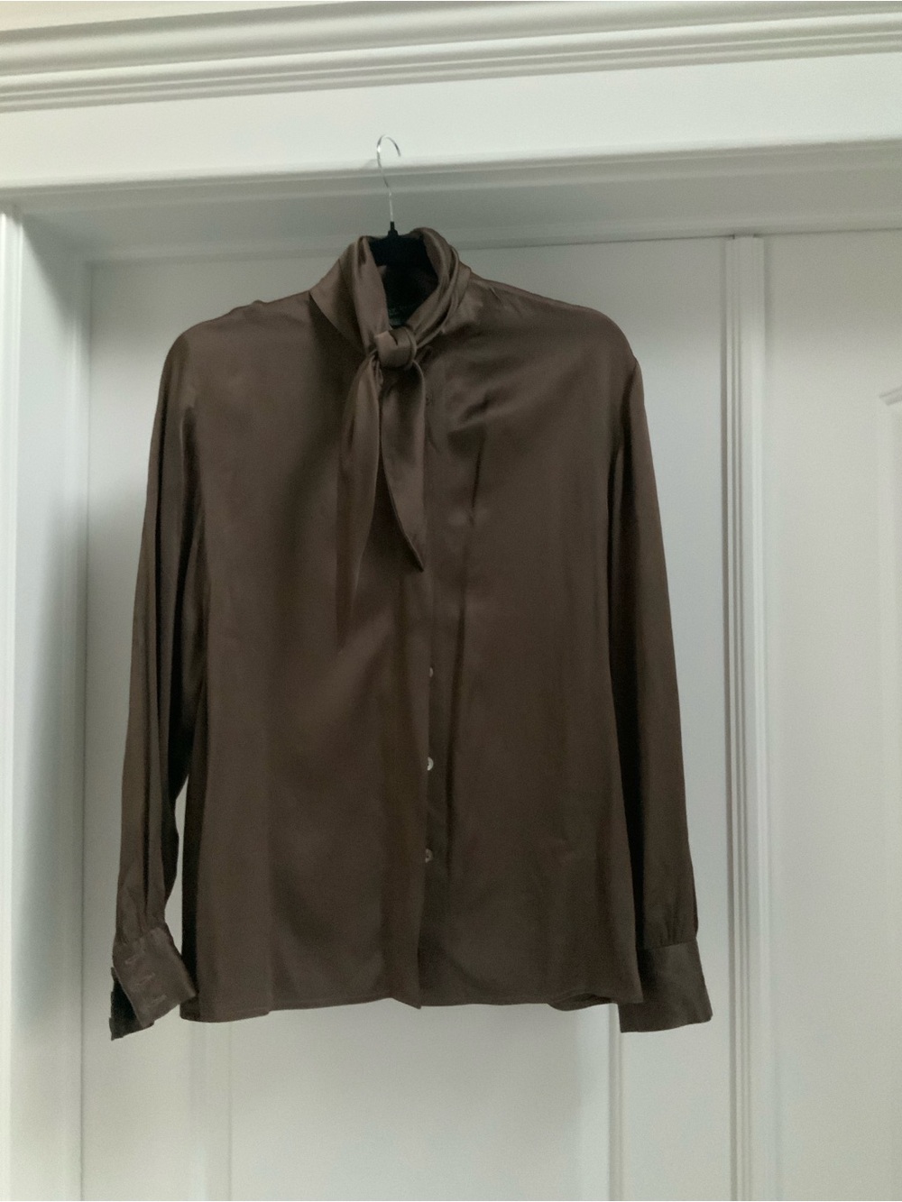 Harve Benard Brown Tie-Neck Button-Down Blouse